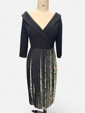 Elegant Black V-Neck Fringe Midi Dress with Floral Underlay